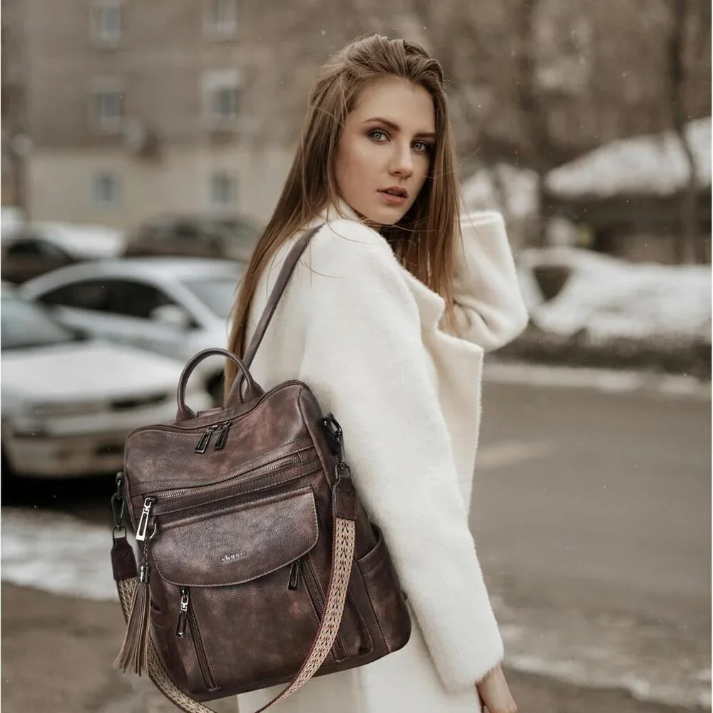 Brown Faux Leather Women's Backpack with Wristlet